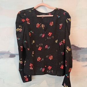 free press Black Floral V-Neck Puff Sleeve Blouse